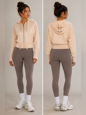 Jonathan Simkhai Pale Blush Satin Trim Zip Crop Hoodie 100% Cotton Size Medium